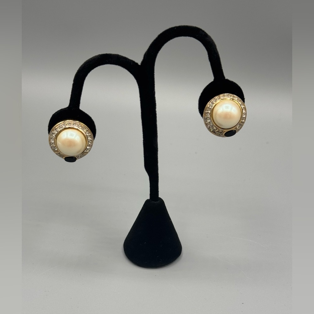 Nina Ricci Vintage Pearl Rhinestone Clip On Earrings Gold Black Enamel